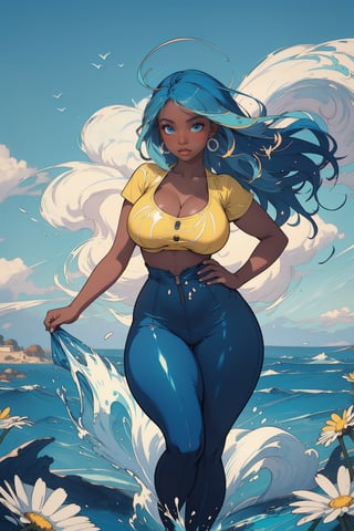 A cute girl, long blue hair (beautiful blue hair lighting), dark skin, blue eyes, water cerulean a beautiful sea, wearing a beautiful yellow sundress with spiral designs. Beautiful blue sky with clouds, highlighted indirect linear lighting, background of several beautiful daisies, real photo style, pop art, splash art, colorful,(large_breasts:1.5),(curvy_hips:1.5)