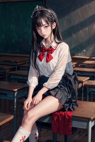 A school girl, long black hair with straight bangs, cute look with long eyelashes, wearing school clothes, white blouse with red sleeves, blue ruffled skirt, white over-the-knee socks, Black all star on her feet, wearing a tiara on her head with a cute bow, classroom background with schoolgirls and students at their desks, xxmix_girl.