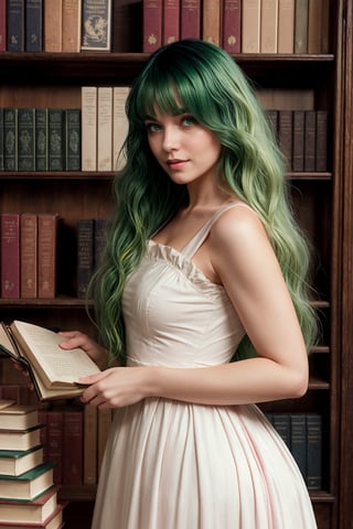 An incredibly beautiful girl, pink lips, flushed cheeks, long green hair curled in a wave, white skin, yellow eyes, wearing a period dress, old library scene with several books around, bookshelf, candles illuminating the rustic environment.,REALISTIC