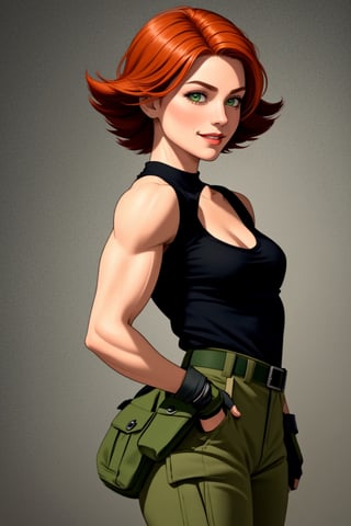 A photo of a beautiful young woman. She wears a black tight tank top, a belt, green pants, fingerless gloves, furrowed brow, smile, looking at viewer, military complex, she has (((muscular body))), tanned skin, medium rounded breast, small rounded ass, skinny thighs. She has a beautiful cute face, long eyelashes, busty lips, big green eyes, small nose, narrow jaw, (((ginger hair))), medium length hair, (masterpiece, best quality, ultra detailed, 8k, intricate details),meryl,black tank top,belt,High detailed ,fingerless gloves,boots,<lora:659111690174031528:1.0>