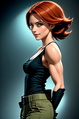 A photo of a beautiful young woman. She wears a black tight tank top, a belt, green pants, fingerless gloves, furrowed brow, smile, (((looking at viewer))), military complex, she has (muscular body), tanned skin, medium rounded breast, small rounded ass, skinny thighs. She has a beautiful cute face, long eyelashes, busty lips, big green eyes, small nose, narrow jaw, (((ginger hair))), medium length hair, (masterpiece, best quality, ultra detailed, 8k, intricate details),meryl,black tank top,belt,High detailed ,fingerless gloves,boots,,<lora:659111690174031528:1.0>