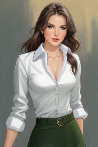 A bold, anime-inspired portrait of a 25-year-old Italian journalist. Her long brown hair flows down her back, often tied in a ponytail that enhances her features. Her (((green_eyes))), intense and penetrating, seem to penetrate the viewer soul. She's wearing bell-bottoms in a vibrant shade, paired with a clean white shirt with rolled up sleeves and a deep neckline. In one hand she clutches a worn notebook, while in the other she holds a trusty ballpoint pen.,Gibrat