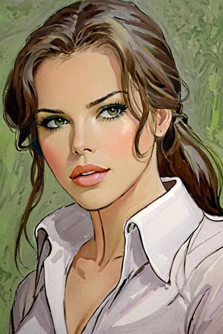 A bold, anime-inspired portrait of a 25-year-old Italian journalist. Her long brown hair flows down her back, often tied in a ponytail that enhances her features. Her (((green_eyes))), intense and penetrating, seem to penetrate the viewer soul. She's wearing bell-bottoms in a vibrant shade, paired with a clean white shirt with rolled up sleeves and a deep neckline. In one hand she clutches a worn notebook, while in the other she holds a trusty ballpoint pen.,Gibrat,mlmnr style