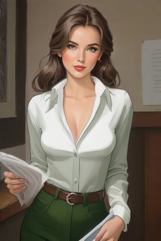 A bold, anime-inspired portrait of a 25-year-old Italian journalist. Her long brown hair flows down her back, often tied in a ponytail that enhances her features. Her (((green_eyes))), intense and penetrating, seem to penetrate the viewer soul. She's wearing bell-bottoms in a vibrant shade, paired with a clean white shirt with rolled up sleeves and a deep neckline. In one hand she clutches a worn notebook, while in the other she holds a trusty ballpoint pen.,Gibrat