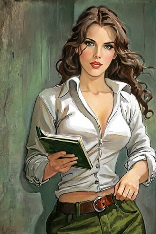A bold, anime-inspired portrait of a 25-year-old Italian journalist. Her long brown hair flows down her back, often tied in a ponytail that enhances her features. Her (((green_eyes))), intense and penetrating, seem to penetrate the viewer soul. She's wearing bell-bottoms in a vibrant shade, paired with a clean white shirt with rolled up sleeves and a deep neckline. In one hand she clutches a worn notebook, while in the other she holds a trusty ballpoint pen.,Gibrat,mlmnr style