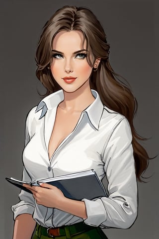 A bold, anime-inspired portrait of a 25-year-old Italian journalist. Her long brown hair flows down her back, often tied in a ponytail that enhances her features. Her (((green_eyes))), intense and penetrating, seem to penetrate the viewer soul. She's wearing bell-bottoms in a vibrant shade, paired with a clean white shirt with rolled up sleeves and a deep neckline. In one hand she clutches a worn notebook, while in the other she holds a trusty ballpoint pen.,Gibrat