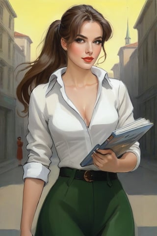 A bold, anime-inspired portrait of a 25-year-old Italian journalist. Her long brown hair flows down her back, often tied in a (((ponytail))) that enhances her features. Her (((green_eyes))), intense and penetrating, seem to penetrate the viewer soul. She's wearing bell-bottoms in a vibrant shade, paired with a clean white shirt with rolled up sleeves and a deep neckline. In one hand she clutches a worn notebook, while in the other she holds a trusty ballpoint pen.,Gibrat