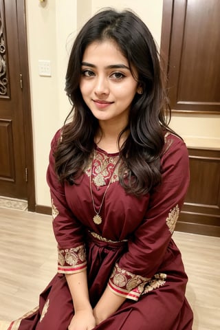 lovely cute young attractive Bsngladeshi teenage girl in a Maroon
 Bangladeshi  treditional dress,  23 years old, cute, an Instagram model, long blonde_hair, colorful hair, winter, sitting in house, Bangladeshi, 