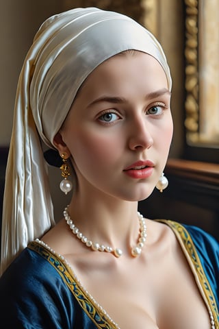 Girl with a Pearl Earring. very detailed and natural medium large breasts, very detailed and natural cleavage, (Masterpiece, top quality, best quality, official art, beautiful and aesthetic:1.2),(1girl:1.4), extreme detailed,(colorful:1.3), highest detailed, camera on full body shot 