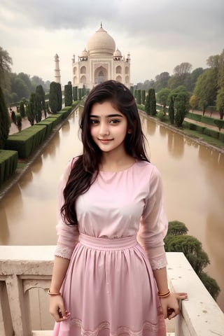 lovely cute young attractive indian teenage girl 18 years old, cute, an Instagram model, long blonde_hair, colorful hair, winter, background taj mahal long shot,rainy background, wearing a wet emridered pink colour long frock. 
