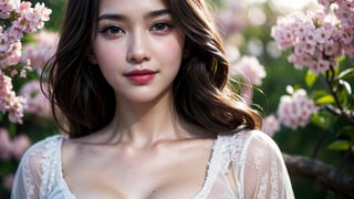 Best quality, raw photo, photorealism, UHD,lifelike rendering, (upper body portrait:1.2), Photo of Beautiful Korean woman, mid-twenty, kpop idol, stunning, (medium dark brown hair), double eyelids, dark brown eyes, glossy lips, natural medium-large breasts, tall body, soft curves, pale skin, short-sleeve floral-paint loose dress, stunning visuals, lens flare, sharp focus, cherry blossom trees, smile, detailed eyes, detailed facial, detailed real skin texture, detailed fabric rendering, natural soft daylight, ray tracing,han ,iu,Breasts 