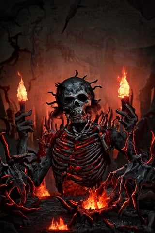 Generate hyper realistic image of a macabre scene of an undead pyromancer, wreathed in flames, casting dark fire spells amidst the skeletal remains of fallen foes. The background features a foreboding, lava-filled abyss, adding to the sinister ambiance of the Dark Souls universe. highly detailed, sharp focus.8k,photography style,vidyabalan