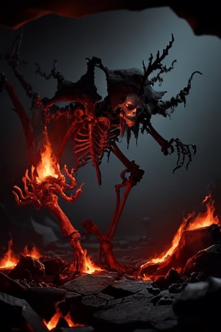 Generate hyper realistic image of a macabre scene of an undead pyromancer, wreathed in flames, casting dark fire spells amidst the skeletal remains of fallen foes. The background features a foreboding, lava-filled abyss, adding to the sinister ambiance of the Dark Souls universe. highly detailed, sharp focus.8k,photography style