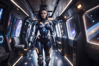 Extremely Realistic, photo realistic, (full body shot), 1 woman, shot from side, looking over shoulder, beautiful sexy latino woman, long black hair, blue eyes, full lips, (perfect face), toned body,  large breasts, f cup size, wide hips,android, skin tight grey spacesuit, segmented spacesuit, high heel, (intricate details on jumpsuit), blue light pattern, looking through large panorama windows at a swirling galaxy, space ship corridor, futuristic environment, sci-fi, cyber punk, soft light, Mecha,Exquisite face,Mecha