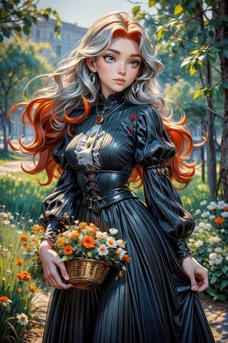 An oil portrait of a young, beautiful lady with long wavy ginger red hair, fair skin, green eyes, siren-shaped eyes, and freckles on her face and body. She has a neutral, yet deceiving-looking expression on her face and wears an elegant black-colored 1890s-inspired dress, along with silver jewelry.