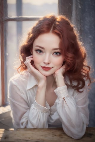 Close-up portrait, charming Russian woman, ((beautiful hands))+, long skirt, white blouse, boots, redhead, delicate flawless skin, soft makeup, glowing scarlet lips, cascading wavy red hair, photo book aesthetic, smirk to camera, autumn mood, professional editorial modelling, natural light, ultra realistic, golden ratio, masterpiece