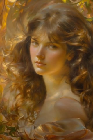 ((Close-up portrait 1,5))+++, painting depicting a woman, shoulder-length full-face portrait, soft light from the window behind her illuminates her head and hair, sunlight as a subtle weave, glows behind, dense texture, dark and sombre, sculptural, work by Richard Schmid, Alfonso Mucha, Volegov, impressionism, concept
