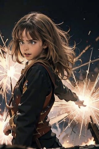 a Cute teen Hermione granger fighting in an epic battle, ((action)), ((explosion)), ((battle)), ((magic))