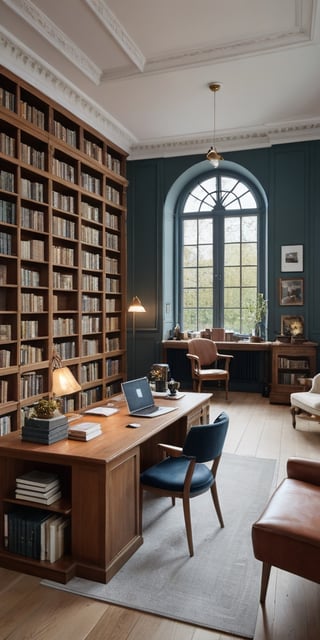 (8K, raw photo, highest quality, Masterpiece: 1.2), A luxurious Scandinavian studio with small stained glass windows and huge bookshelves, a large imposing desk in the foreground, a comfortable chair in the rear and one small tea table,
Detailed background denoting high-class, elegance, sophistication, luxury, wealth.
(The scene happens in a luxurious elegant Scandinavian studio),