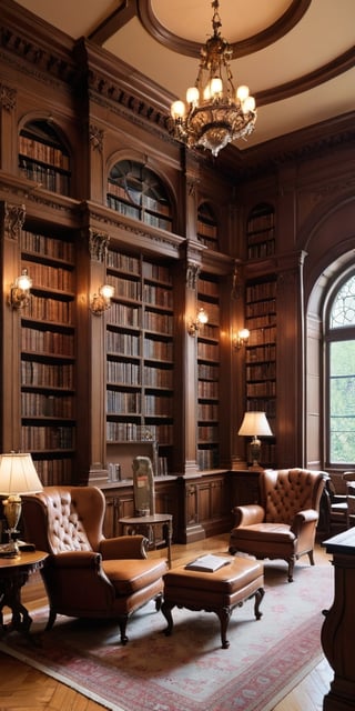 (8K, raw photo, highest quality, Masterpiece: 1.2), A luxurious Art Nouveau library with small windows and huge bookshelves, a large imposing desk, a comfortable chair,
Detailed background denoting high-class, elegance, sophistication, luxury, wealth.
(The scene happens in a luxurious elegant Art Nouveau library),