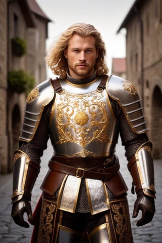 (full-body shot view, masterpiece, best quality, highres), a 35 years old male paladin warrior holding his helmet, charismatic appearance, strong virile features, curly blond hair, green eyes, shiny full-plate armor with baroque filigree, the withdrawn helmet suits perfectly the rest of the armor, full-plate armor decorated with a sun with shiny rays engraved on the chest, he wields one medieval great sword decorated with silver and golden filigree, heroic pose, epic pose, background of a medieval town out of focus