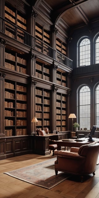 (8K, raw photo, highest quality, Masterpiece: 1.2), A luxurious Industrial library with small windows and huge bookshelves, a large imposing desk, a comfortable chair,
Detailed background denoting high-class, elegance, sophistication, luxury, wealth.
(The scene happens in a luxurious elegant Industrial library),