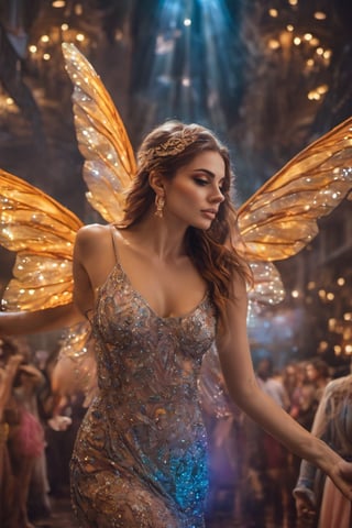 a realistic sexy fairy is fliying among the heads of unaware people, hovering horizontally, delicate pixie with extremely feminine body, a beautiful teen girl flying, with translucent wings, wearing a sexy fishnet dress, skinny pixie like body, unreal slim tiny waist, delicate torso and shoulders, her big cleavage shows attractive big round breasts, her candid face glitters with magical aura, she is wearing bracelets, wearing earrings, wearing rings, wearing necklaces, her scant sexy style is in shocking contrast with the sober formality of her surroundings, (masterpiece:1.5)),  (best quality:1.5), highly detailed,  amazing detail,  32K UHD, (crowded ballroom), royal ballroom background crowded with people elegantly dressed, volumetric lighting,  vivid colors,  high sharpness,  