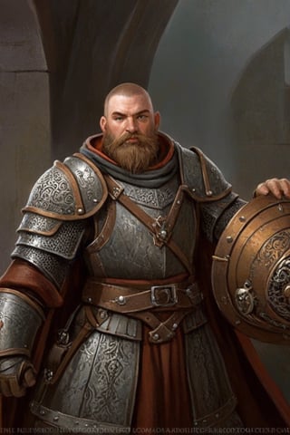 young dwarf cleric in full plate armor, (((wielding a medieval flail))), elaborate baroque filigree decoration engraved in the armor with copper and iron filigree, epic action pose, devoted hero ,greg rutkowski