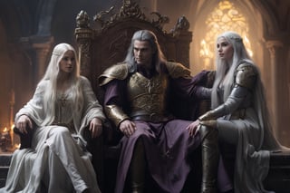 (8K, raw photo, illuminated scene, highest quality, Masterpiece: 1.2), (a mysterious audience between two opposite ccharacters), 
(((An evil vampire is sitting on a high throne, beautiful white long hair, wearing gray robes and golden armor, the vampire wears a full armor with brass filigree, the vampire is interested and surprised))), 
((a young skinny medieval cleric is standing, poorly groomed and badly shaved, the cleric wears a tattered purple tunic and leather armor, wields a shiny holy symbol that radiates blue-white magic, the cleric has short dark hair and incipient beard))),
 epic scene of truce between sanctity and evil,
the scene happens in the well illuminated throne room of a medieval palace, volumetric lighting.studio lighting,perfect eyes
