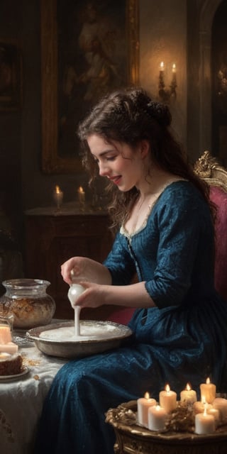 (masterpiece portrayal of one character in intimate action), ((a beautiful young woman spilling milk onto herself)),  spilling, splashing, messy, sloppy, 

full body vibrant illustrations, intricately sculpted, realistic hyper-detailed portraits, queencore, depicts real life, 
the scene happens in a luxurious baroque bedroom, detailed background, illuminated with a thousand candles