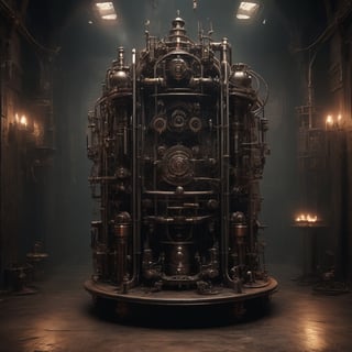 (8K, raw photo, highest quality, Masterpiece: 1.2), a chamber full of steampunk machines controlled by demons,(( one stealthy elf sabotaging a small machine)),
the scene happens in a mechanical fortress in hell.