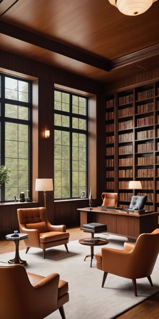 (8K, raw photo, highest quality, Masterpiece: 1.2), A luxurious mid-century modern library with small windows and huge bookshelves, a large imposing desk, a comfortable chair,
Detailed background denoting high-class, elegance, sophistication, luxury, wealth.
(The scene happens in a luxurious elegant mid-century modern library),