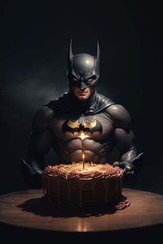 (8K, raw photo, highest quality, Masterpiece: 1.2), distant shot, batman in his darkest batcabe removed his mask to blow the candles of his birthday cake, darkness is a heavy mist of oppression by a system that rejects humanity and dwells in underground hopeless tragedy, papers everywhere, one ray of light illuminated his face and a birthday cake, he is smiling with a small cake, it's his birthday, 
full vibrant illustrations, intricately sculpted, realistic hyper-detailed portraits, queencore, depicts real life,more saturation 