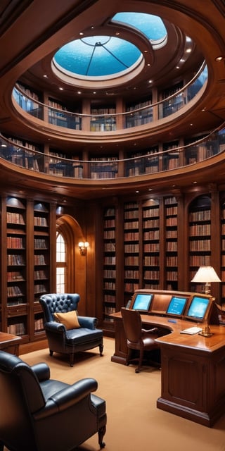 (8K, raw photo, highest quality, Masterpiece: 1.2), A luxurious submarine library with small windows and huge bookshelves, a large imposing desk, a comfortable chair,
Detailed background denoting high-class, elegance, sophistication, luxury, wealth.
(The scene happens in a luxurious elegant submarine library),