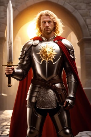 (full-body shot view, masterpiece, best quality, highres), a 35 years old male paladin warrior,  (holding his helmet in one hand and one sword in the other hand), charismatic appearance, strong virile features, (curly blond hair), green eyes, shiny full-plate armor with baroque filigree, the withdrawn helmet suits perfectly the rest of the full-plate armor, (((a sun with shiny rays is engraved on the chest))), ((he wields one medieval great sword decorated with silver and golden filigree))), heroic pose, epic pose, background of a medieval town out of focus