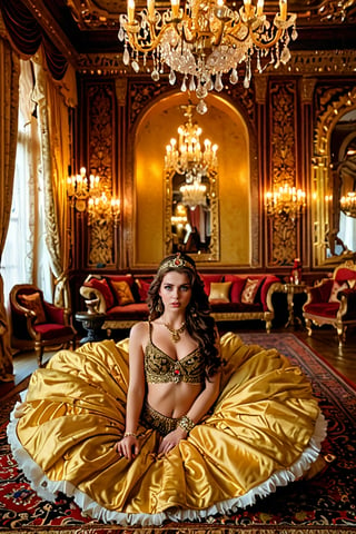 A modern college student, clad in casual attire, is suddenly transported to an opulent Baroque boudoir, where she's surrounded by stunning Arabian beauties lounging amidst lavish furnishings and ornate mirrors. The room is bathed in warm golden lighting, with delicate silk drapes filtering the soft glow. The harem's occupants, resplendent in intricately embroidered dance costumes, recline on plush cushions, their eyes fixed on the unexpected visitor.