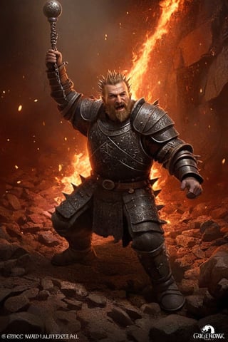 a young dwarf cleric in full plate armor in hell, (((swinging a medieval spiked flail into battle))), swinging a chained ball of iron with terrible spikes, elaborate baroque filigree decoration engraved in the armor with copper and iron filigree, epic action pose, devoted hero ,greg rutkowski