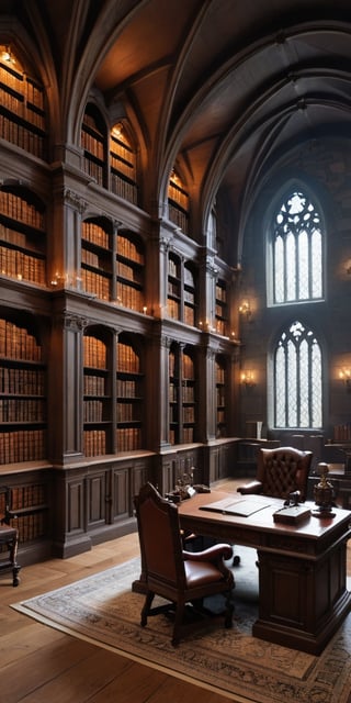 (8K, raw photo, highest quality, Masterpiece: 1.2), A luxurious medieval rpg fantasy library with small windows and huge bookshelves, a large imposing desk, a comfortable chair,
Detailed background denoting high-class, elegance, sophistication, luxury, wealth.
(The scene happens in a luxurious elegant medieval rpg fantasy library),