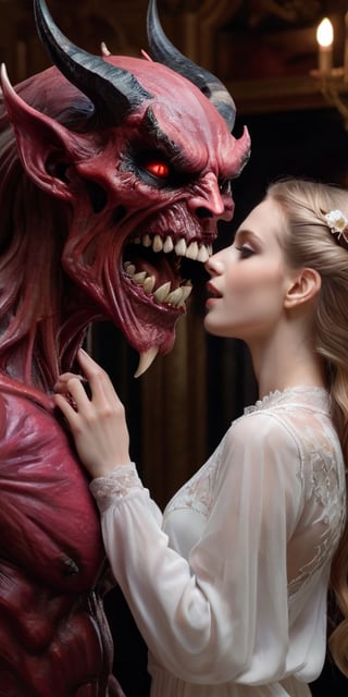 (masterpiece, 8K, UHD,  RAW), a sexy girl kissing a demon with lust, (((one huge horrific demon is seduced by a beautiful young woman))), (she seduces the male demon with lustful femininity), her beautiful body is covered by a sheer translucent white tunic with Art Nouveau embroidery, big sexy perky breasts, her pristine delicate features contrasts with the horrendous menacing fangs of the corrupted male demon, full body vibrant illustrations, intricately sculpted, realistic hyper-detailed portraits, queencore, depicts real life, 
the scene happens in a luxurious Art Nouveau boudoir with studio illumination