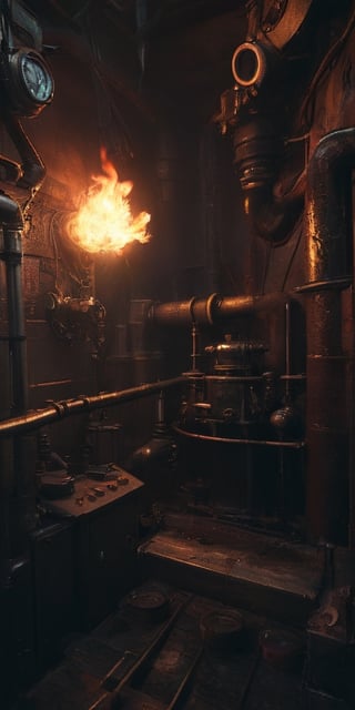 (8K, raw photo, highest quality, Masterpiece: 1.2), a chamber full of steampunk machines controlled by demons, one stealthy elf sabotaging a small machine,
the scene happens in a mechanical fortress in hell.
