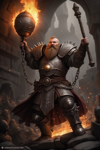 a young dwarf cleric in full plate armor in hell, (((the dwarven cleric charges into battle swinging a medieval flail))). (((his weapon is a chained ball of iron full of spikes))), elaborate baroque filigree decoration engraved in the armor with copper and iron filigree, epic action pose, devoted hero ,greg rutkowski