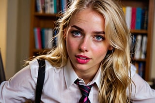 Close-up shot of a stunning college student, blonde hair messy and eyes sparkling with mischief, leaning in to whisper something saucy in her professor's ear. The dimly lit office is filled with the scent of freshly opened books and a hint of tension as she playfully bats at his tie. Her bright pink lip gloss glistens in the soft glow of the desk lamp.