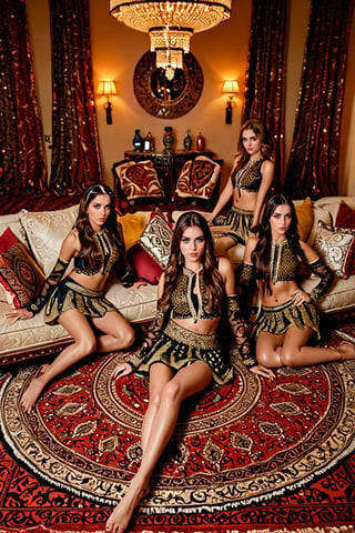 A lavish Arabian harem setting, soft lighting casting a warm glow on plush carpets and opulent fabrics. A young, stunning woman, dressed in a fitted circle miniskirt, crisp blouse, and stylish tie, stands out amidst a cluster of sultry odalisques lounging on comfortable pillows and divans. The dancers' slender figures are adorned with intricate henna designs as they recline, their eyes locked on the newcomer's bold attire.