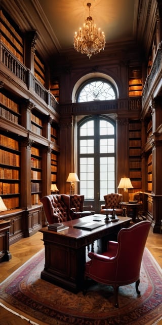 (8K, raw photo, highest quality, Masterpiece: 1.2), A luxurious Renaissance library with small windows and huge bookshelves, a large imposing desk, a comfortable chair,
Detailed background denoting high-class, elegance, sophistication, luxury, wealth.
(The scene happens in a luxurious elegant Renaissance library),
