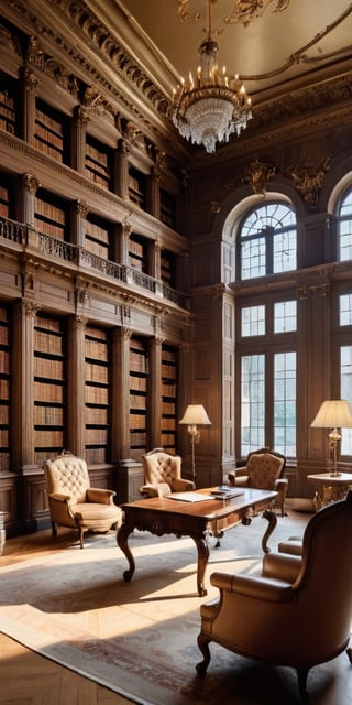 (8K, raw photo, highest quality, Masterpiece: 1.2), A luxurious Louis XIV library with small windows and huge bookshelves, a large imposing desk, a comfortable chair,
Detailed background denoting high-class, elegance, sophistication, luxury, wealth.
(The scene happens in a luxurious elegant Louis XIV library),