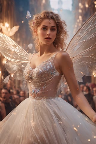 a realistic sexy fairy is fliying among the heads of unaware people, hovering horizontally, a beautiful teen girl flying, with translucent wings, wearing a white fishnet dress, skinny pixie like body, her big cleavage shows attractive big round breasts, her candid face glitters with magical aura, she is wearing bracelets, wearing earrings, wearing rings, wearing necklaces, her scant sexy style is in shocking contrast with the sober formality of her surroundings, (masterpiece:1.5)),  (best quality:1.5), highly detailed,  amazing detail,  32K UHD, (crowded ballroom), royal ballroom background crowded with people elegantly dressed, volumetric lighting,  vivid colors,  high sharpness,  