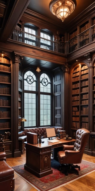 (8K, raw photo, highest quality, Masterpiece: 1.2), A luxurious steampunk library with small windows and huge bookshelves, a large imposing desk, a comfortable chair,
Detailed background denoting high-class, elegance, sophistication, luxury, wealth.
(The scene happens in a luxurious elegant steampunk library),