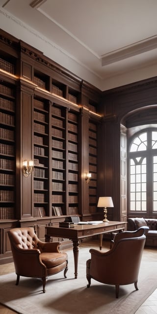 (8K, raw photo, highest quality, Masterpiece: 1.2), A luxurious Minimalistic library with small windows and huge bookshelves, a large imposing desk, a comfortable chair,
Detailed background denoting high-class, elegance, sophistication, luxury, wealth.
(The scene happens in a luxurious elegant Minimalistic library),