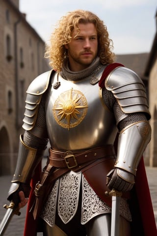(full-body shot view, masterpiece, best quality, highres), a 35 years old male paladin warrior,  (holding his helmet in one hand and one sword in the other hand), charismatic appearance, strong virile features, (curly blond hair), (((curly hair))), green eyes, shiny full-plate armor with baroque filigree, the withdrawn helmet suits perfectly the rest of the full-plate armor, ((a schematic sun and a gear with pointy rays is engraved on the chest)), ((he wields one medieval great sword decorated with silver and golden filigree))), heroic pose, epic pose, background of a medieval town out of focus