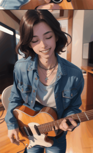 masterpiece, best quality, playing guitar, Jeans jacket, neck necklace, curly hair, brown hair, medium hair, light blue eyes, cowboy shot, 0: looking down 03: looking at viewer, eyes closed, 06 : zoom, 09: sideways, looking up, 12: looking at viewer, smile, mouth closed,